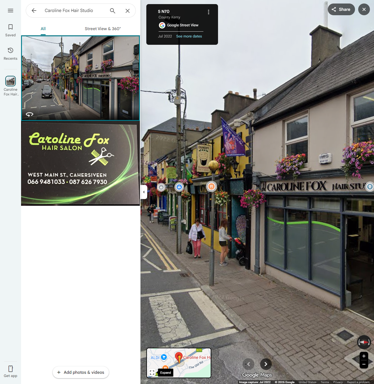 Caroline Fox Hair Studio storefront on Main Street, Cahersiveen